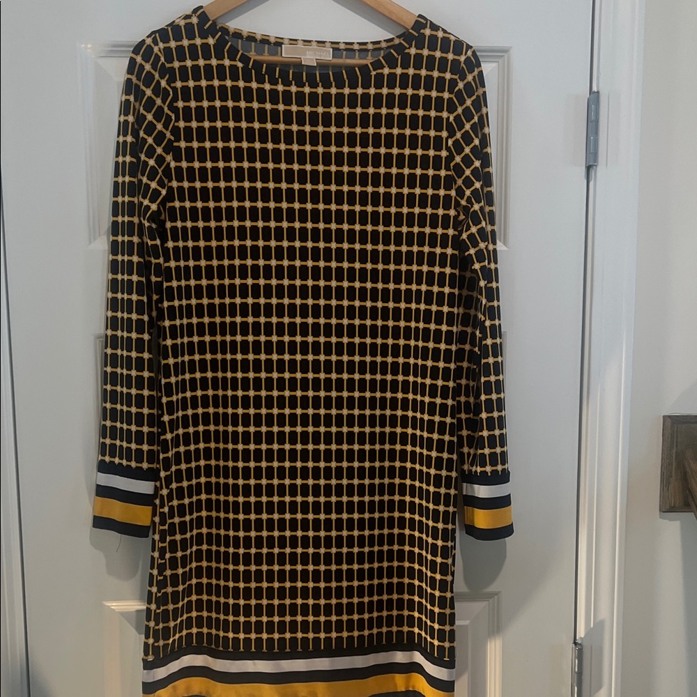 Michael Kors Black and Yellow Checkered Long Sleeve Dress